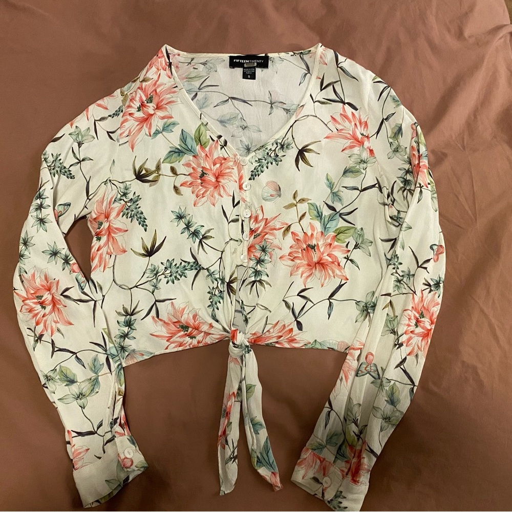 Floral long sleeve crop with tie front